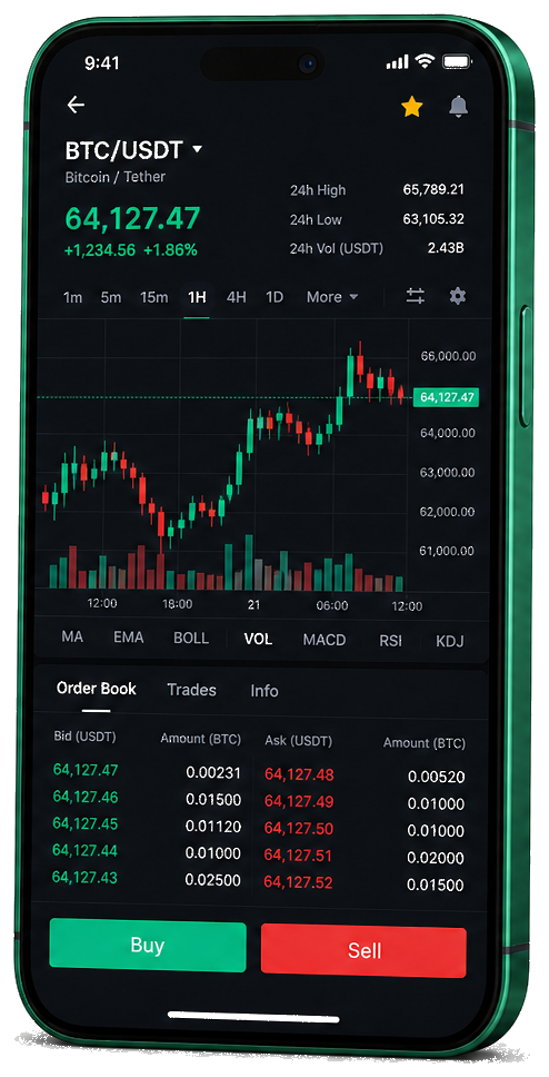 VrankDepozitvayl mobile trading platform — live BTC/USDT chart, order book and buy/sell interface